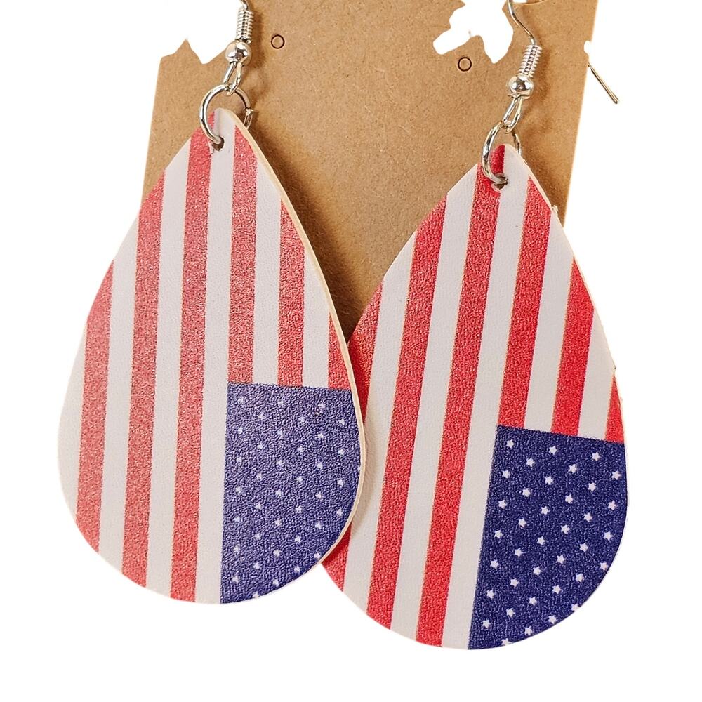 American Flag Teardrop Earrings Patriotic Faux Leather Red White Blue Dangle